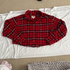 Red Plaid Cropped Button-Up Shirt